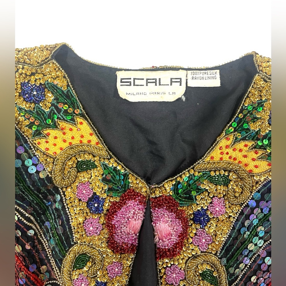 Scala Vintage Silk Sequin Beaded Embroidered Matador Bolero Jacket Colorful Boho - Picture 8 of 12